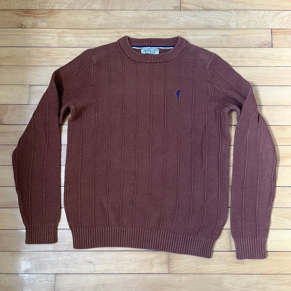 Gentleman Farmer Mens Ribbed Crewneck Sweater Brown Horse Logo Knit Top